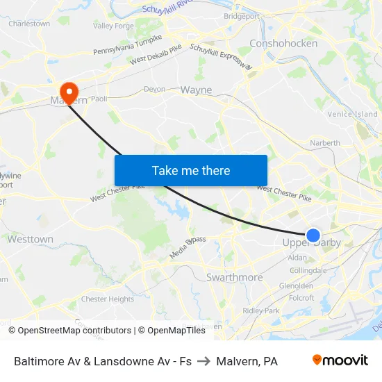 Baltimore Av & Lansdowne Av - Fs to Malvern, PA map