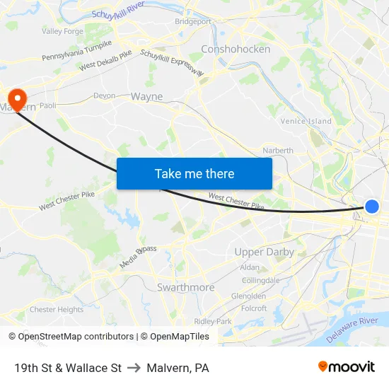 19th St & Wallace St to Malvern, PA map