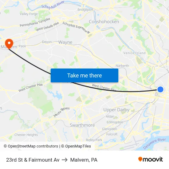 23rd St & Fairmount Av to Malvern, PA map
