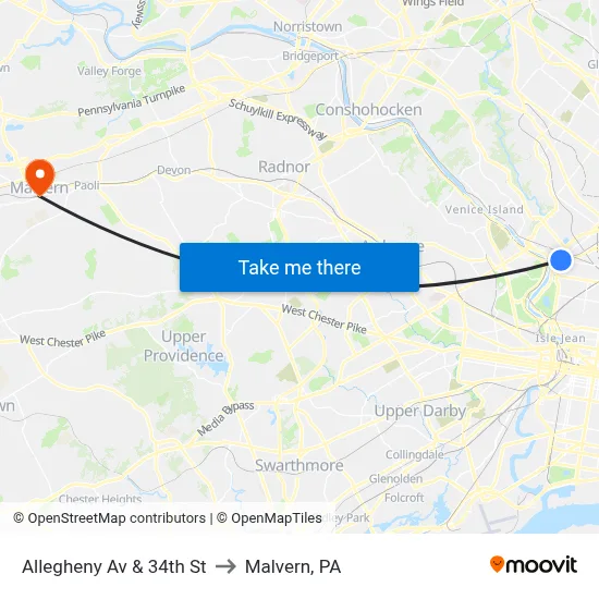 Allegheny Av & 34th St to Malvern, PA map