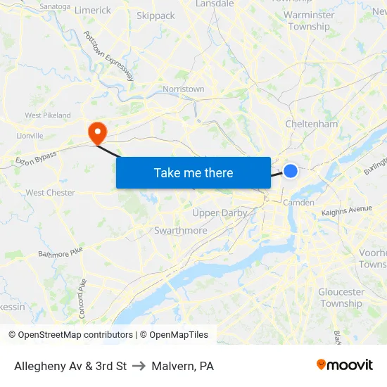 Allegheny Av & 3rd St to Malvern, PA map