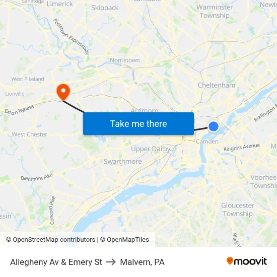 Allegheny Av & Emery St to Malvern, PA map