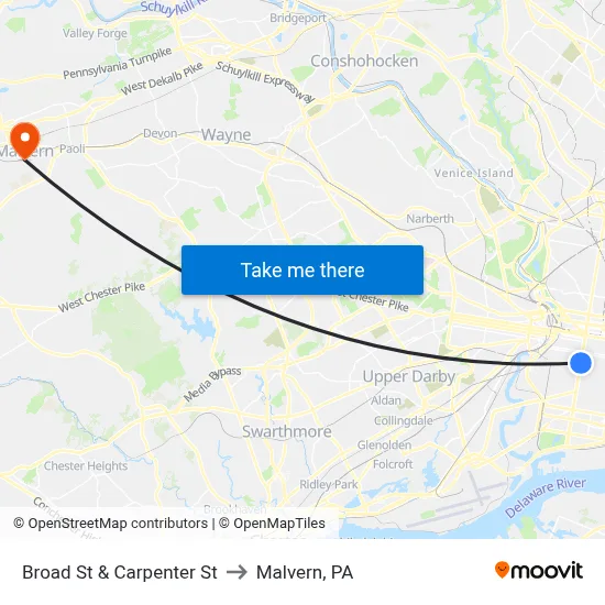 Broad St & Carpenter St to Malvern, PA map