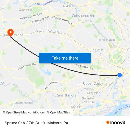 Spruce St & 37th St to Malvern, PA map