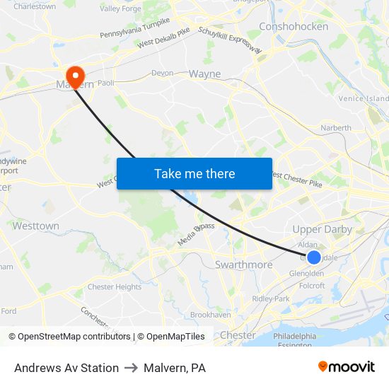 Andrews Av Station to Malvern, PA map
