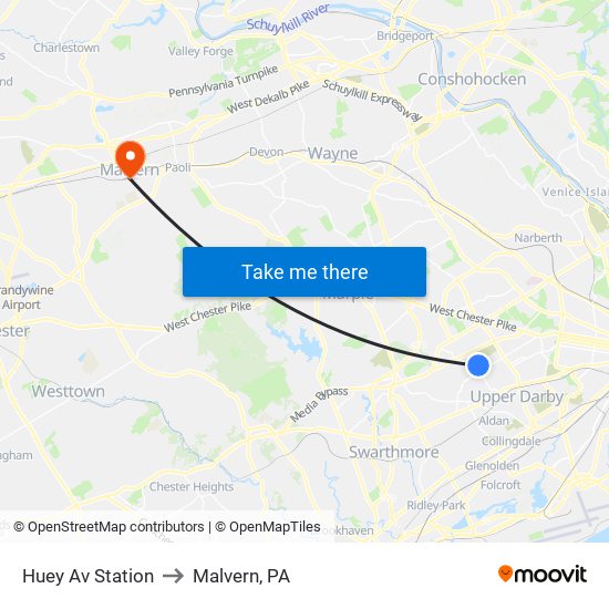 Huey Av Station to Malvern, PA map