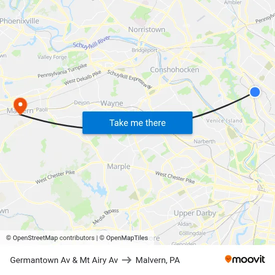 Germantown Av & Mt Airy Av to Malvern, PA map