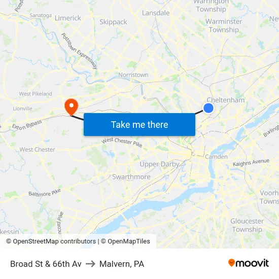 Broad St & 66th Av to Malvern, PA map