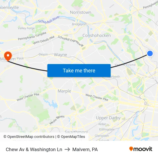 Chew Av & Washington Ln to Malvern, PA map