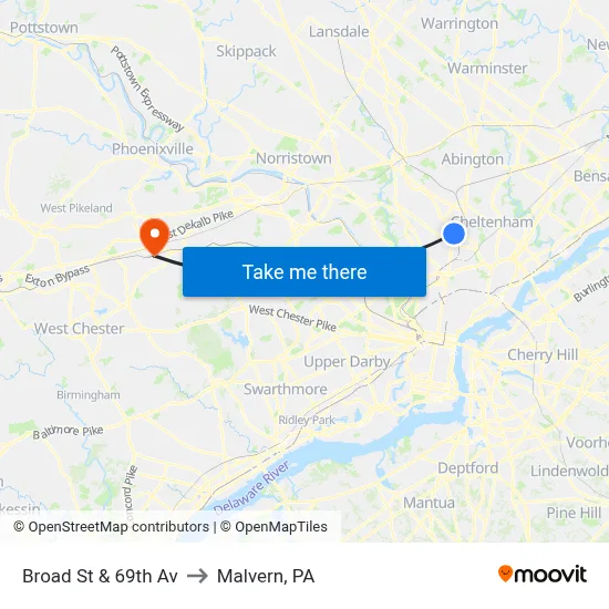 Broad St & 69th Av to Malvern, PA map
