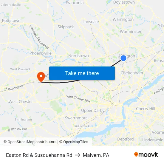 Easton Rd & Susquehanna Rd to Malvern, PA map