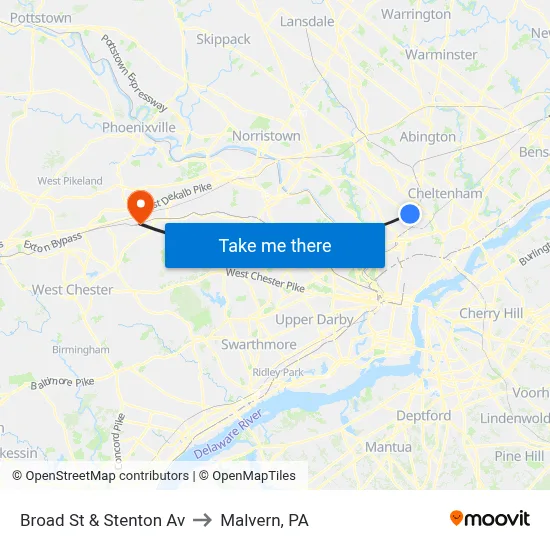 Broad St & Stenton Av to Malvern, PA map
