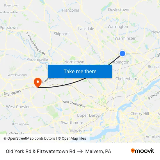 Old York Rd & Fitzwatertown Rd to Malvern, PA map