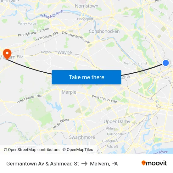 Germantown Av & Ashmead St to Malvern, PA map