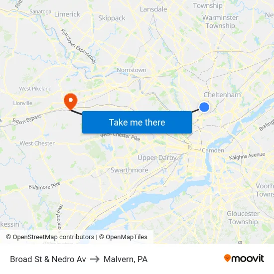 Broad St & Nedro Av to Malvern, PA map