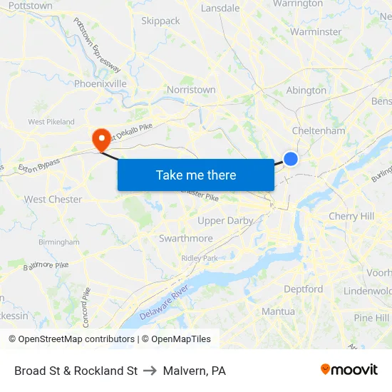 Broad St & Rockland St to Malvern, PA map