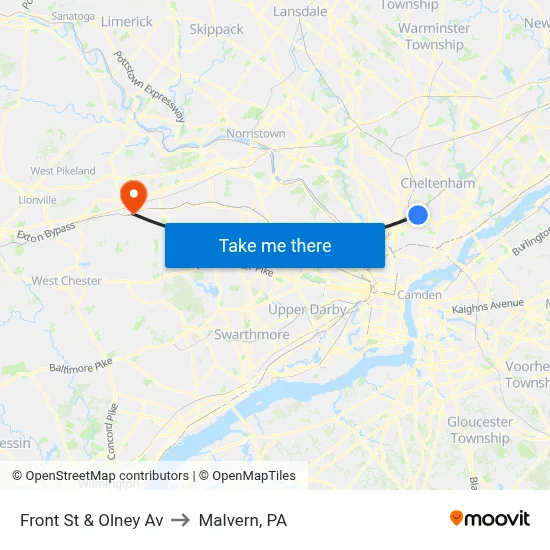 Front St & Olney Av to Malvern, PA map