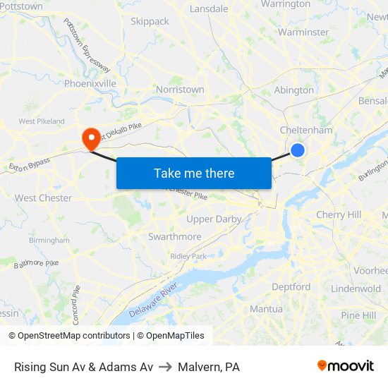 Rising Sun Av & Adams Av to Malvern, PA map