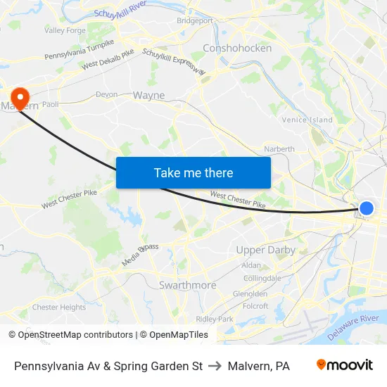 Pennsylvania Av & Spring Garden St to Malvern, PA map