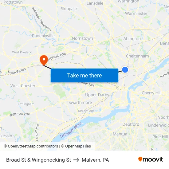 Broad St & Wingohocking St to Malvern, PA map