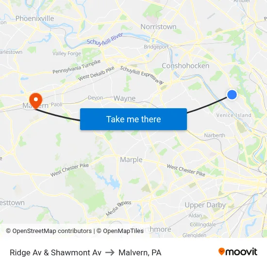 Ridge Av & Shawmont Av to Malvern, PA map