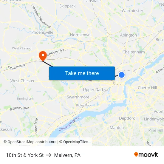 10th St & York St to Malvern, PA map