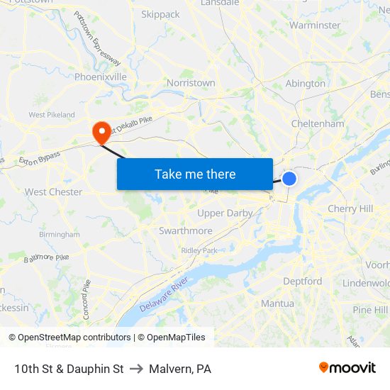 10th St & Dauphin St to Malvern, PA map