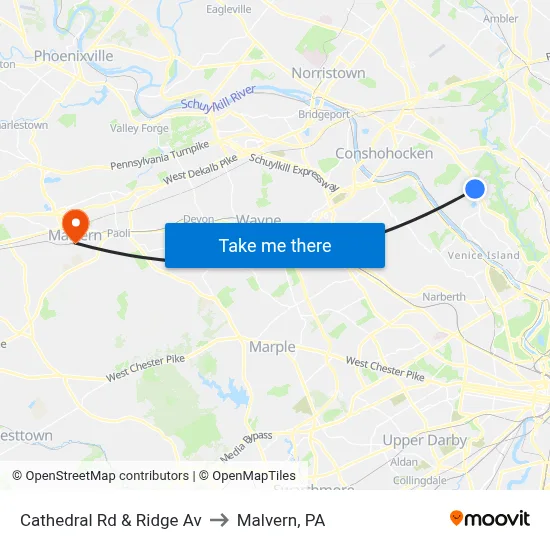 Cathedral Rd & Ridge Av to Malvern, PA map
