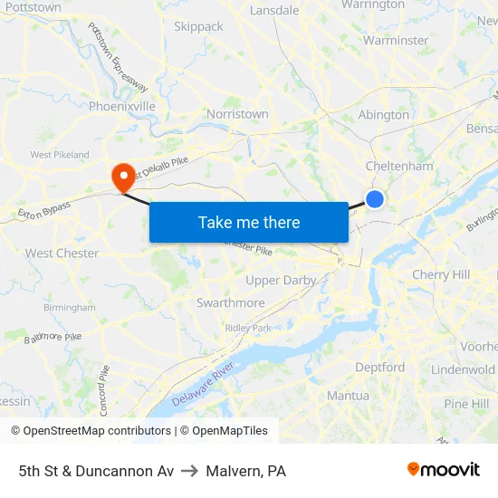 5th St & Duncannon Av to Malvern, PA map