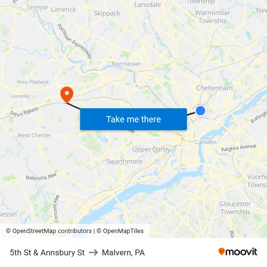 5th St & Annsbury St to Malvern, PA map