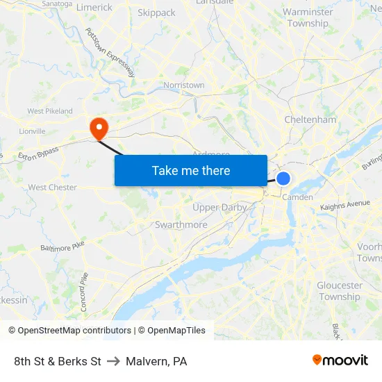 8th St & Berks St to Malvern, PA map