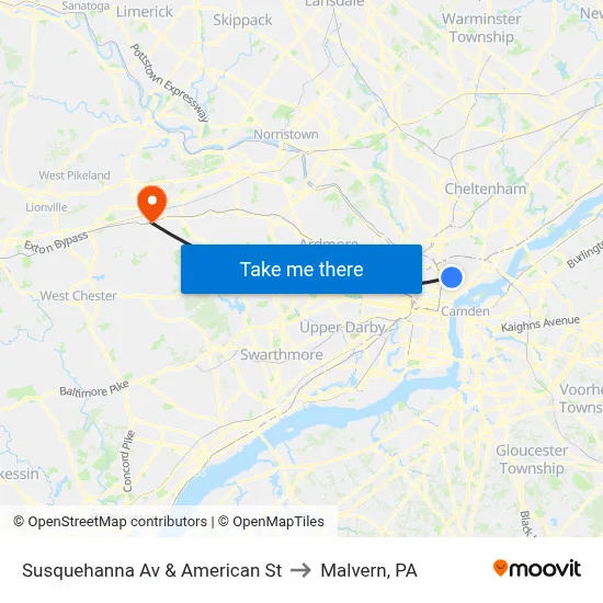Susquehanna Av & American St to Malvern, PA map