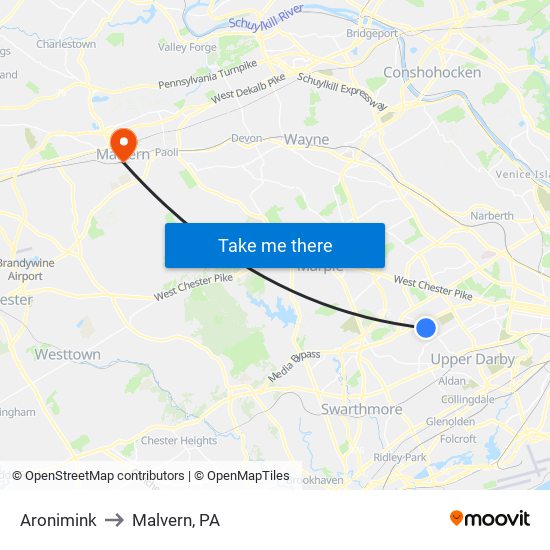 Aronimink to Malvern, PA map