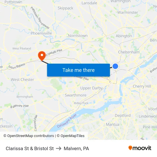 Clarissa St & Bristol St to Malvern, PA map