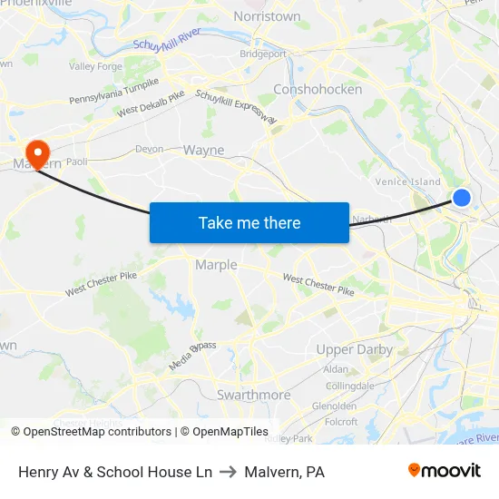 Henry Av & School House Ln to Malvern, PA map