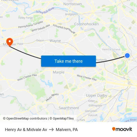 Henry Av & Midvale Av to Malvern, PA map
