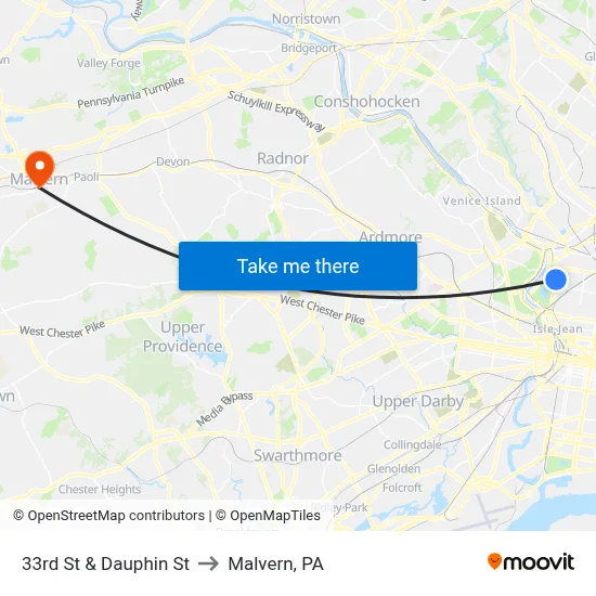 33rd St & Dauphin St to Malvern, PA map