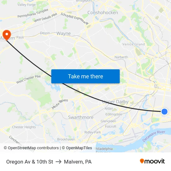 Oregon Av & 10th St to Malvern, PA map