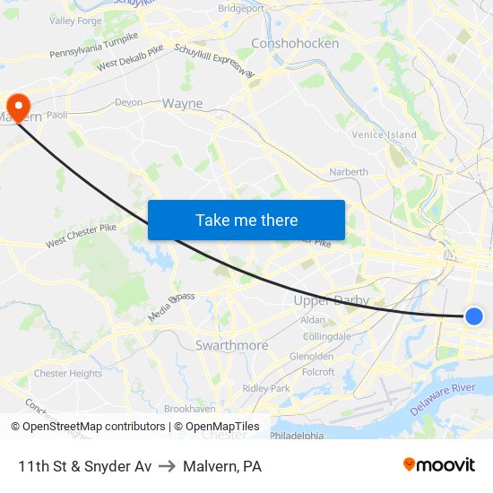 11th St & Snyder Av to Malvern, PA map