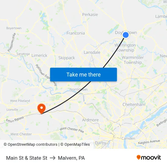 Main St & State St to Malvern, PA map