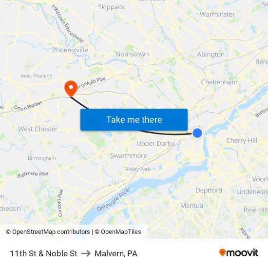 11th St & Noble St to Malvern, PA map