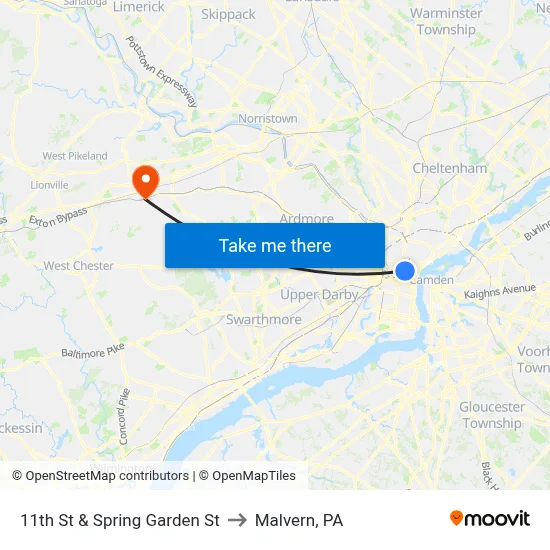 11th St & Spring Garden St to Malvern, PA map