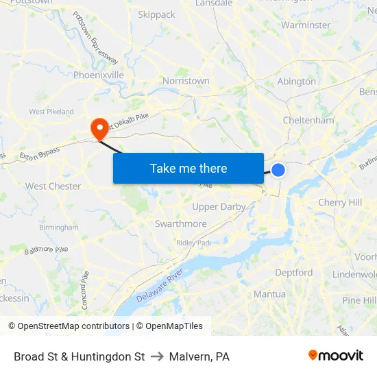 Broad St & Huntingdon St to Malvern, PA map