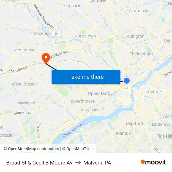 Broad St & Cecil B Moore Av to Malvern, PA map