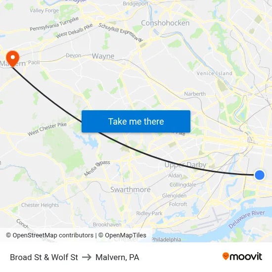 Broad St & Wolf St to Malvern, PA map