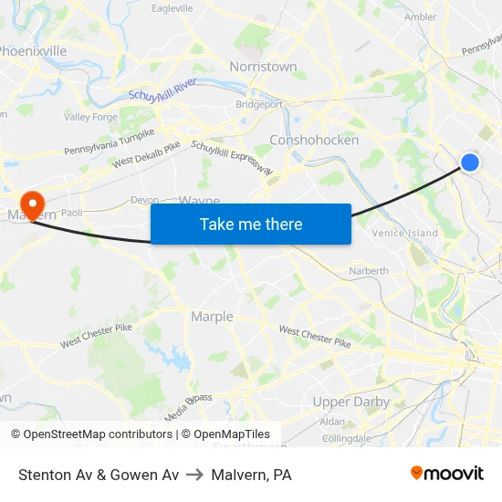 Stenton Av & Gowen Av to Malvern, PA map