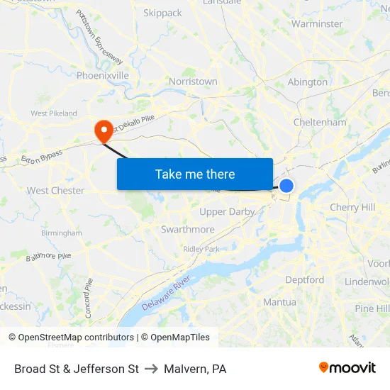 Broad St & Jefferson St to Malvern, PA map