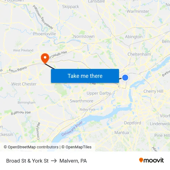 Broad St & York St to Malvern, PA map