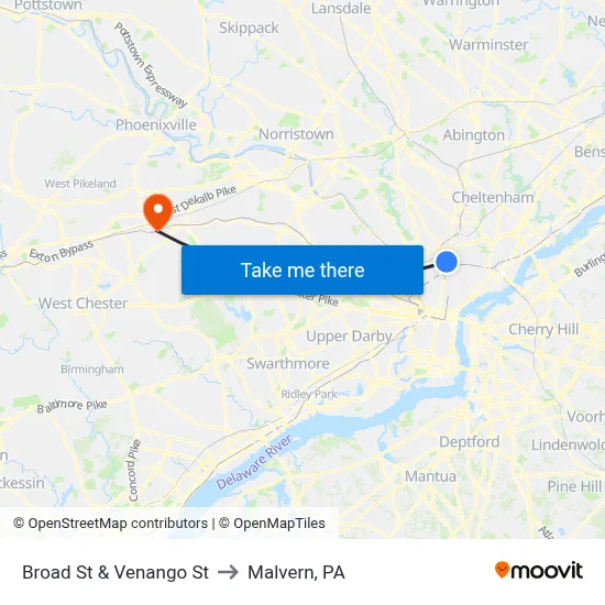 Broad St & Venango St to Malvern, PA map