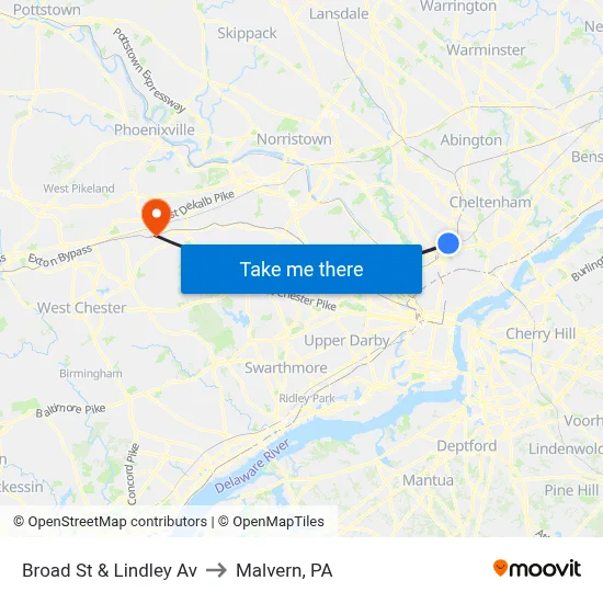 Broad St & Lindley Av to Malvern, PA map
